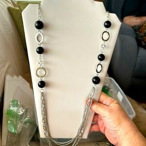 Black and silver long necklace with matching black beaded earring